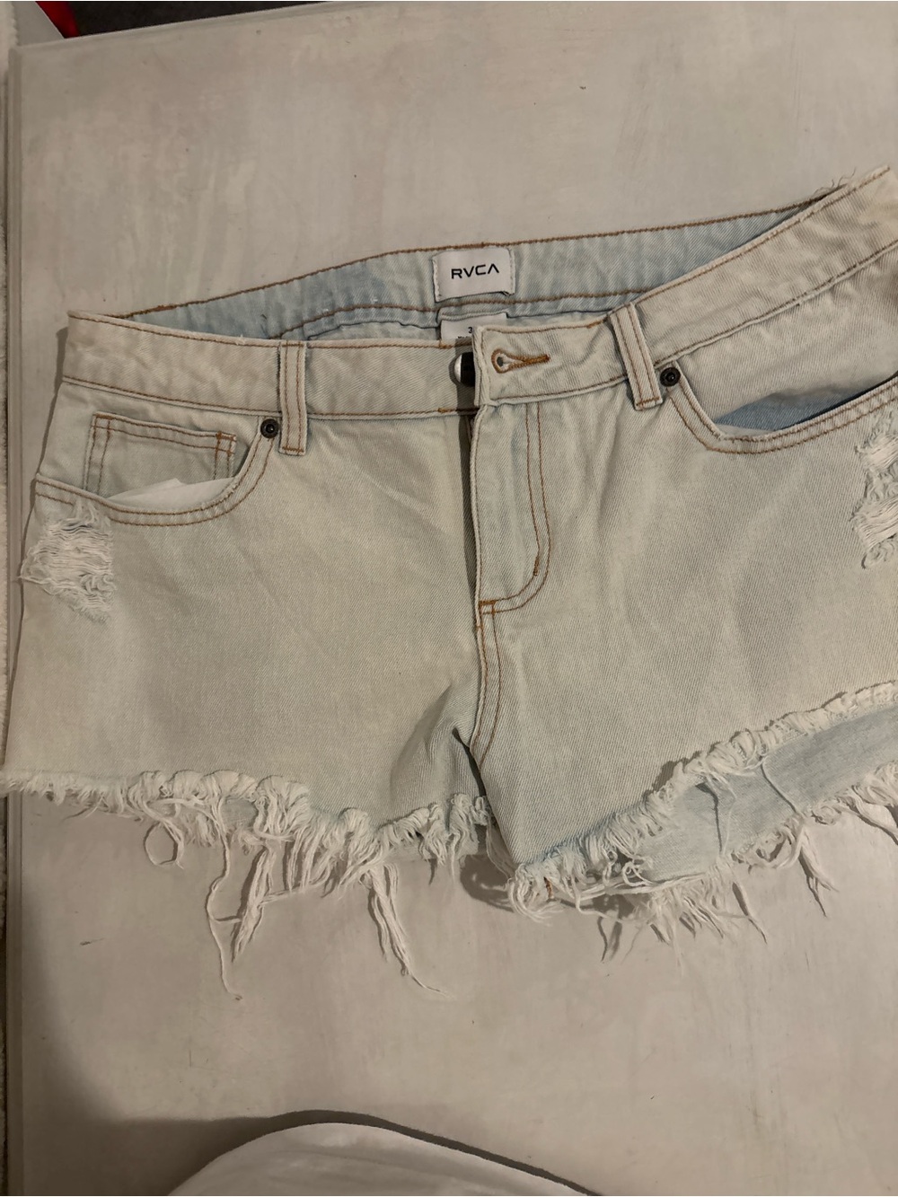 RVCA Women's Light Cream Frayed Denim Jean Shorts